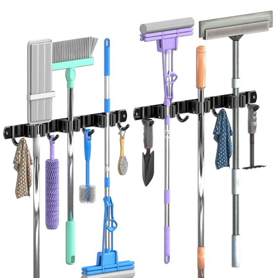 3-H Besenhalterung Wand 2 Stück, 2-in-1 Dual Montage (Stabile Schraubmontage oder wandschonend selbstklebend), Edelstahl Gerätehalter Wandhalterung für Garten Garage Keller(3 Halter & 4 Haken,Schwarz)