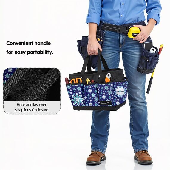 Housolution Garten Werkzeugtasche, Deluxe Garten Werkzeug Aufbewahrungstasche und Gartengerätetasche mit Kleinen Taschen, Verschleißfest und Wiederverwendbar, 14 Zoll, Blau Blume