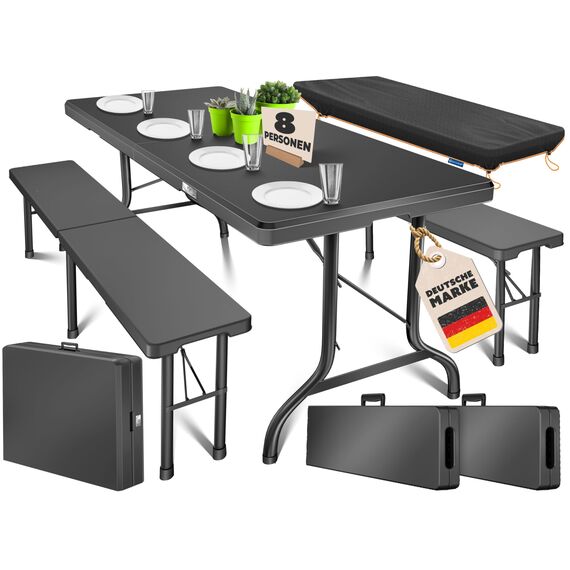 KESSER® Bierzeltgarnitur 3-teilig Set Tisch & 2X Bank | Buffettisch für drinnen & draußen Gartengarnitur klappbar 183x76x74cm Kunststoff Klapptisch Gartentisch Inkl Abdeckung & Tragegriffe