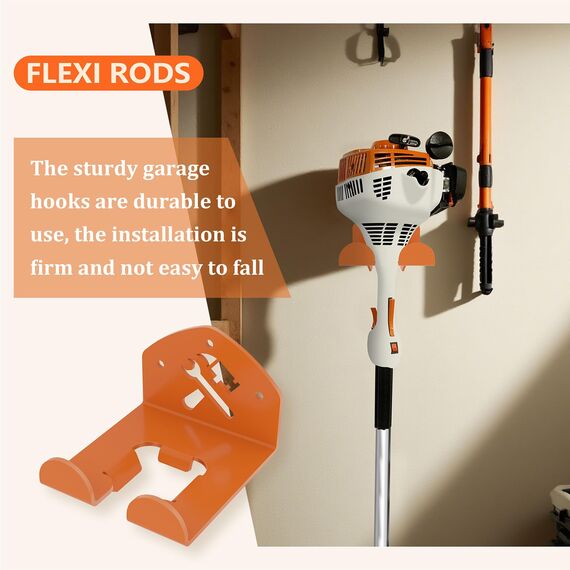 Flexi Rods Ordnungssystem für Garage, Aufbewahrung, Trimmer-Gestell, Träger für Elektrowerkzeug für Rasentrimmer, Heckenschere,Hochleistungs-Unkrautvernichter, Haken, Ordnungssystem für Gartengeräte