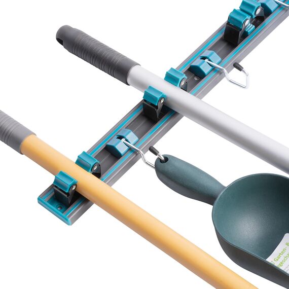 UPP 7-in-1 Gerätehalter 8 tlg. 50x5x5cm | Schienensystem Geräteleiste mit Haken & Klemmen | Wandhalterung für Besen, Mop, Werkzeug & Gartengeräte | Ordnungssystem die Garage, Garten & Werkstatt