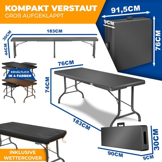 KESSER® Bierzeltgarnitur 3-teilig Set Tisch & 2X Bank | Buffettisch für drinnen & draußen Gartengarnitur klappbar 183x76x74cm Kunststoff Klapptisch Gartentisch Inkl Abdeckung & Tragegriffe