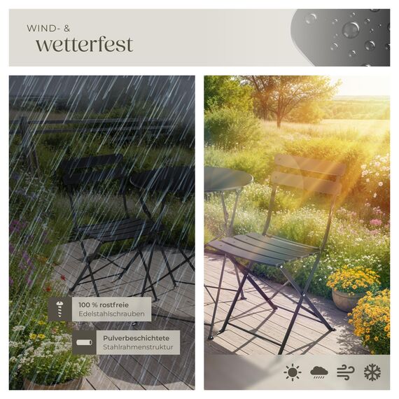 tectake® Gartenmöbel Bistro Set aus Gartentisch mit Stühlen, Balkonmöbel Kleiner Balkon, Klapptisch mit 2X Gartenstuhl, Outdoor Sitzgruppe mit Balkontisch, wetterfest für Garten, Balkon (schwarz)