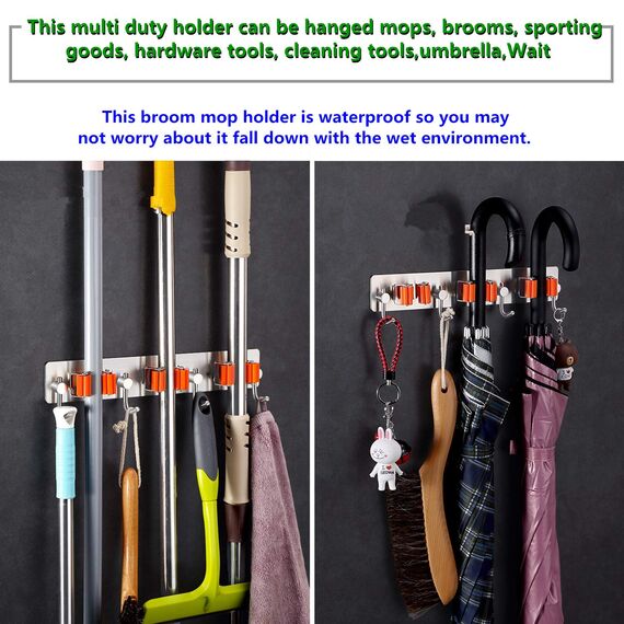 Meiyijia Wandhalterung Multifunktional, selbstklebend, Mop Halterung, 304 gebürstet, Edelstahl, zum Aufhängen von Werkzeugen, 3 Schlitzen und 4 Haken