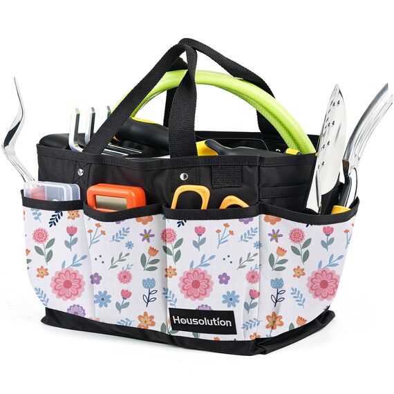 Housolution Garten Werkzeugtasche, Deluxe Garten Werkzeug Aufbewahrungstasche und Gartengerätetasche mit Kleinen Taschen, Verschleißfest und Wiederverwendbar, 14 Zoll, Weiße Blume