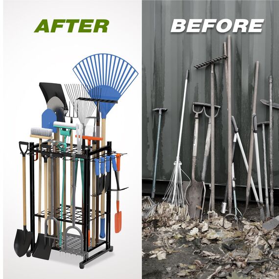 Sttoraboks Garten-Werkzeug-Organizer mit Aufbewahrungshaken, Hofwerkzeug-Turm-Regal für Garage, Organisation und Lagerung, bis zu 50 Werkzeuge, robuster Stahl-Gartenwerkzeugständer für Schuppen,