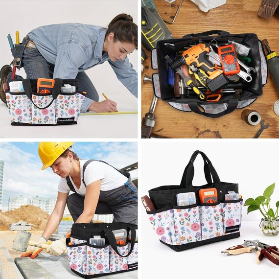 Housolution Garten Werkzeugtasche, Deluxe Garten Werkzeug Aufbewahrungstasche und Gartengerätetasche mit Kleinen Taschen, Verschleißfest und Wiederverwendbar, 14 Zoll, Weiße Blume