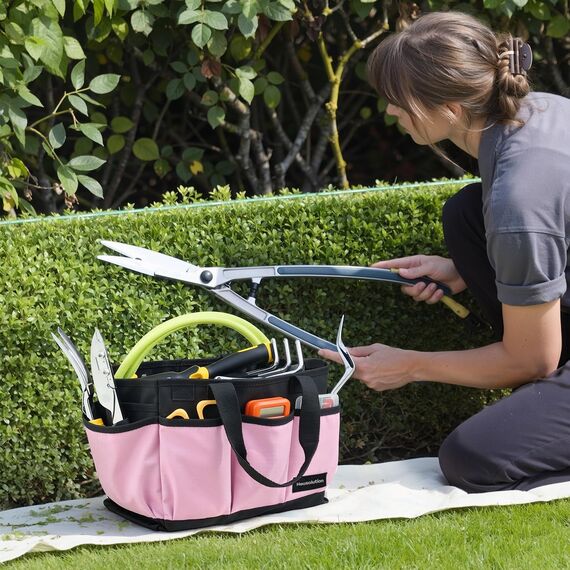 Housolution Garten Werkzeugtasche, Deluxe Garten Werkzeug Aufbewahrungstasche und Gartengerätetasche mit Kleinen Taschen, Verschleißfest und Wiederverwendbar, 14 Zoll, Rosa