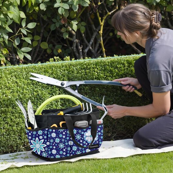 Housolution Garten Werkzeugtasche, Deluxe Garten Werkzeug Aufbewahrungstasche und Gartengerätetasche mit Kleinen Taschen, Verschleißfest und Wiederverwendbar, 14 Zoll, Blau Blume