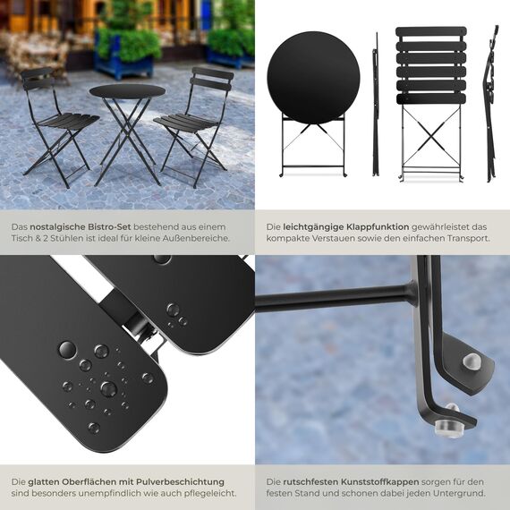 tectake® Gartenmöbel Bistro Set aus Gartentisch mit Stühlen, Balkonmöbel Kleiner Balkon, Klapptisch mit 2X Gartenstuhl, Outdoor Sitzgruppe mit Balkontisch, wetterfest für Garten, Balkon (schwarz)