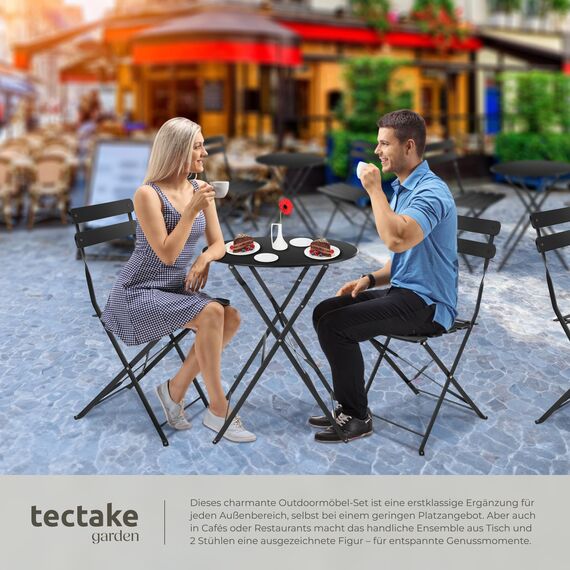 tectake® Gartenmöbel Bistro Set aus Gartentisch mit Stühlen, Balkonmöbel Kleiner Balkon, Klapptisch mit 2X Gartenstuhl, Outdoor Sitzgruppe mit Balkontisch, wetterfest für Garten, Balkon (schwarz)