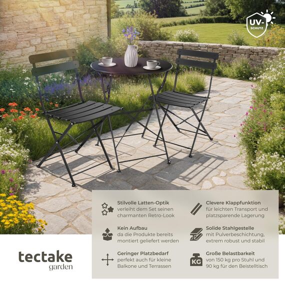 tectake® Gartenmöbel Bistro Set aus Gartentisch mit Stühlen, Balkonmöbel Kleiner Balkon, Klapptisch mit 2X Gartenstuhl, Outdoor Sitzgruppe mit Balkontisch, wetterfest für Garten, Balkon (schwarz)