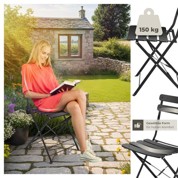 tectake® Gartenmöbel Bistro Set aus Gartentisch mit Stühlen, Balkonmöbel Kleiner Balkon, Klapptisch mit 2X Gartenstuhl, Outdoor Sitzgruppe mit Balkontisch, wetterfest für Garten, Balkon (schwarz)