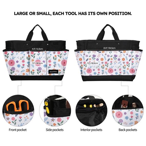 Housolution Garten Werkzeugtasche, Deluxe Garten Werkzeug Aufbewahrungstasche und Gartengerätetasche mit Kleinen Taschen, Verschleißfest und Wiederverwendbar, 14 Zoll, Weiße Blume