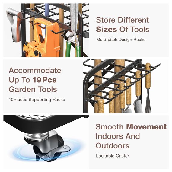 Lineware Gartenwerkzeug-Organizer für Garage, Gartenwerkzeug, Aufbewahrung mit Rädern, Gartenwerkzeugständer, Gartenwerkzeughalter, Hof-Werkzeugaufbewahrung für Outdoor-Schuppen, Garage, Garten,