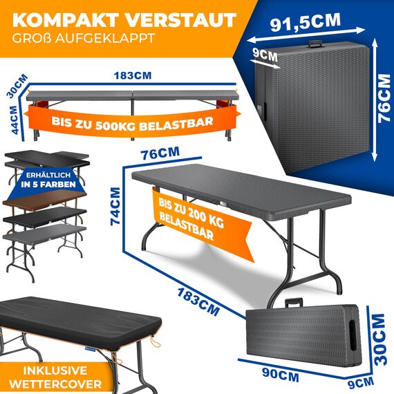 KESSER® Bierzeltgarnitur 3-teilig Set Tisch & 2X Bank| Buffettisch für drinnen & draußen Gartengarnitur klappbar 183x76x74cm Kunststoff Klapptisch Rattan-Look Gartentisch Inkl Abdeckung & Tragegriffe