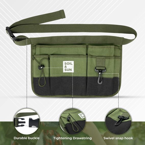 Soil and Sun Canvas Gardening Tool Belt – Comfortable and User-Friendly – Durable and Multifunctional Design (Green)