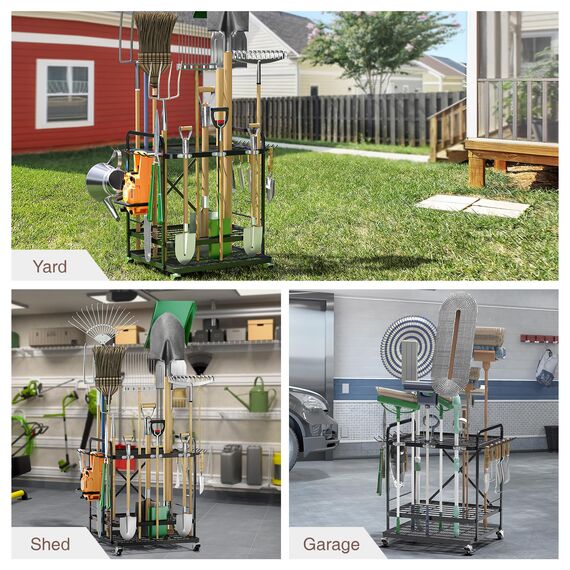Lineware Gartenwerkzeug-Organizer für Garage, Gartenwerkzeug, Aufbewahrung mit Rädern, Gartenwerkzeugständer, Gartenwerkzeughalter, Hof-Werkzeugaufbewahrung für Outdoor-Schuppen, Garage, Garten,
