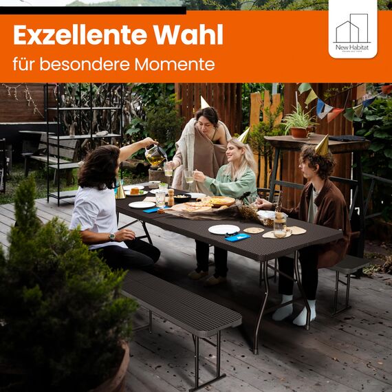 NewHabitat I Kunststoff Bierzeltgarnitur Klappbar I 3er Set, Tisch + 2 x Bank mit Tragegriffe, Biertischgarnitur, Festzeltgarnitur, Bierbank klappbar, HxBxT: 75x180x75 cm (Schwarz)