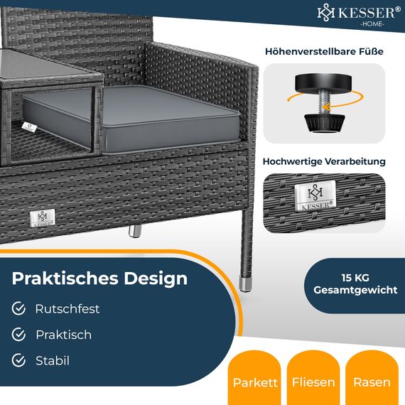 KESSER® Polyrattan Gartenbank 2-Sitzer Bank mit integriertem Tisch, 143×63×88 cm - Rattan Sitzbank Garten Balkon Gartensofa wetterfest Sitzgruppe Ultra Stabile, inklusive Kissen und Cover, Anthrazit