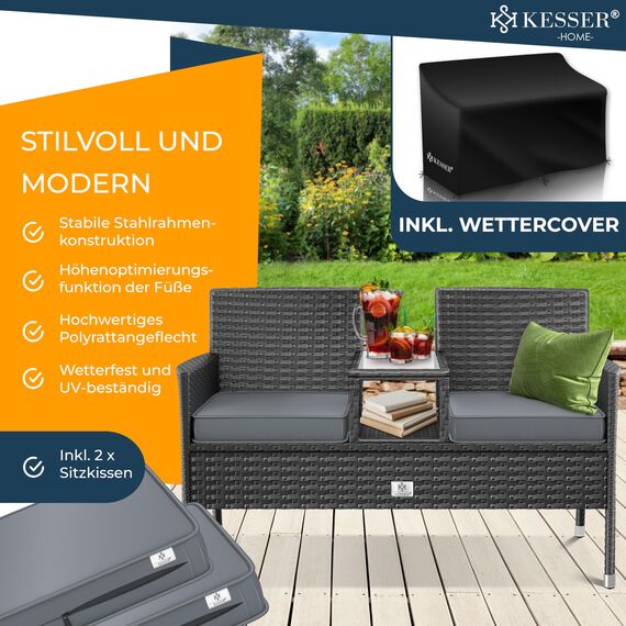 KESSER® Polyrattan Gartenbank 2-Sitzer Bank mit integriertem Tisch, 143×63×88 cm - Rattan Sitzbank Garten Balkon Gartensofa wetterfest Sitzgruppe Ultra Stabile, inklusive Kissen und Cover, Anthrazit