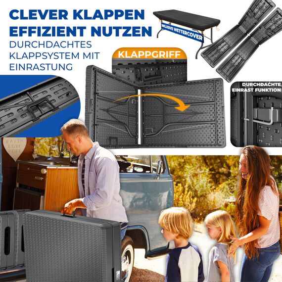 KESSER® Bierzeltgarnitur 3-teilig Set Tisch & 2X Bank| Buffettisch für drinnen & draußen Gartengarnitur klappbar 183x76x74cm Kunststoff Klapptisch Rattan-Look Gartentisch Inkl Abdeckung & Tragegriffe