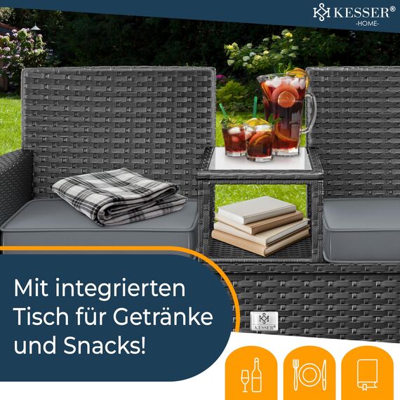 KESSER® Polyrattan Gartenbank 2-Sitzer Bank mit integriertem Tisch, 143×63×88 cm - Rattan Sitzbank Garten Balkon Gartensofa wetterfest Sitzgruppe Ultra Stabile, inklusive Kissen und Cover, Anthrazit