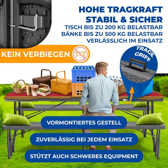 KESSER® Bierzeltgarnitur 3-teilig Set Tisch & 2X Bank| Buffettisch für drinnen & draußen Gartengarnitur klappbar 183x76x74cm Kunststoff Klapptisch Rattan-Look Gartentisch Inkl Abdeckung & Tragegriffe