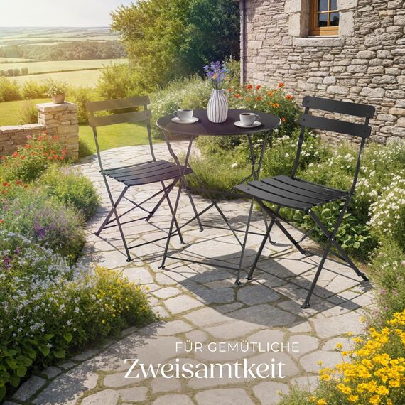 tectake® Gartenmöbel Bistro Set aus Gartentisch mit Stühlen, Balkonmöbel Kleiner Balkon, Klapptisch mit 2X Gartenstuhl, Outdoor Sitzgruppe mit Balkontisch, wetterfest für Garten, Balkon (schwarz)