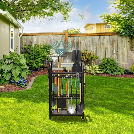 BUTUNITA Gartenwerkzeug-Organizer für Garage, Aufbewahrungsregal für Garage, Schuppen, Outdoor, Hof-Werkzeug-Organizer für bis zu 39 Schaufeln, Rechen, Besen, schwarzes Metall