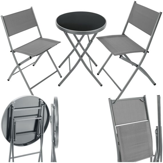 tectake® Bistroset, Tisch und 2 x Stuhl, Kleiner runder Esstisch, Klapptisch und Klappstühle Set, platzsparende Möbel Outdoor wetterfest für Balkon, Terrasse, Gartenmöbel - grau