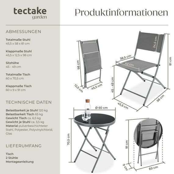 tectake® Bistroset, Tisch und 2 x Stuhl, Kleiner runder Esstisch, Klapptisch und Klappstühle Set, platzsparende Möbel Outdoor wetterfest für Balkon, Terrasse, Gartenmöbel - grau