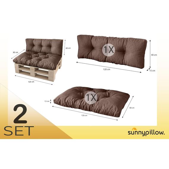 sunnypillow Palettenkissen für Palettenmöbel - 2er Set - Palettenauflage 120 x 80 für Palettensofa - Palettenpolster für Garten, Gesteppte Kissen für Europaletten - Sitzkissen & Rückenkissen Braun