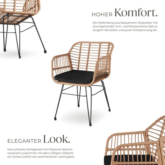 tectake® Outdoor Rattan Sitzgruppe, Möbel für 2 Personen, 3-TLG. Bistroset, Balkonmöbel, Gartenmöbel Set mit 2X Stühle + Tisch, kleine Lounge wetterfest für Garten Balkon Terrasse -Natur