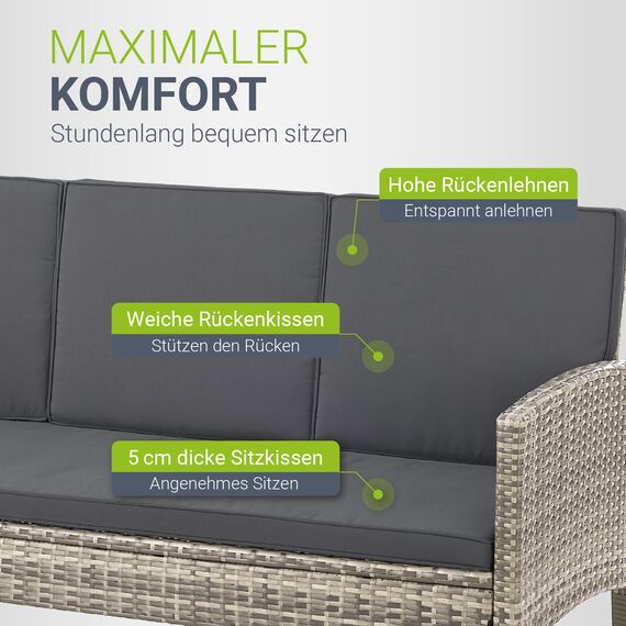 Juskys Polyrattan Gartenmöbel Sitzgruppe Turin Set 6 teilig - 7 Personen - Outdoor Möbel mit Sessel, Hocker, Tisch & Kissen - Garten Loungemöbel grau-meliert