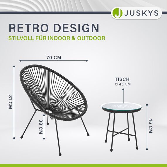 Juskys Balkonmöbel Set Ostana 3-teilig - Tisch & 2 Sessel - stilvolle Sitzgruppe für Balkon, Terrasse & Garten - Gartenmöbel Balkonset Schwarz