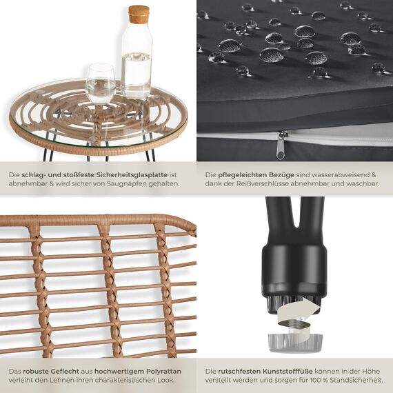 tectake® Outdoor Rattan Sitzgruppe, Möbel für 2 Personen, 3-TLG. Bistroset, Balkonmöbel, Gartenmöbel Set mit 2X Stühle + Tisch, kleine Lounge wetterfest für Garten Balkon Terrasse -Natur