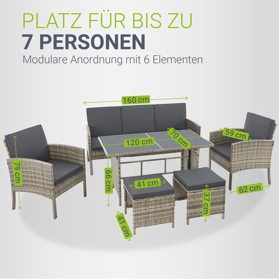 Juskys Polyrattan Gartenmöbel Sitzgruppe Turin Set 6 teilig - 7 Personen - Outdoor Möbel mit Sessel, Hocker, Tisch & Kissen - Garten Loungemöbel grau-meliert