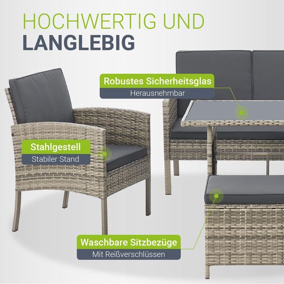 Juskys Polyrattan Gartenmöbel Sitzgruppe Turin Set 6 teilig - 7 Personen - Outdoor Möbel mit Sessel, Hocker, Tisch & Kissen - Garten Loungemöbel grau-meliert