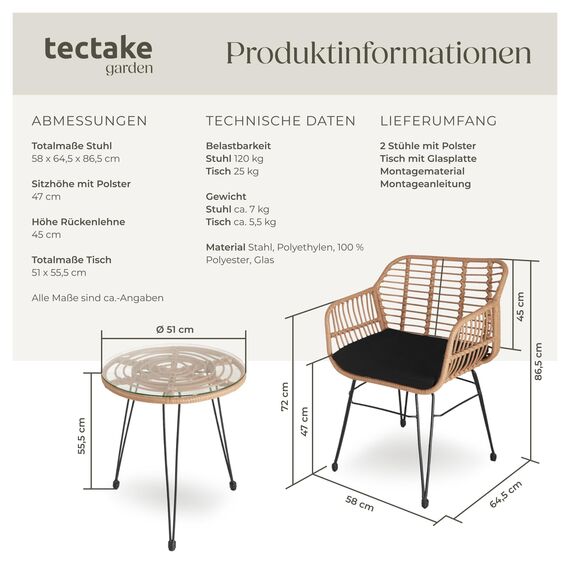 tectake® Outdoor Rattan Sitzgruppe, Möbel für 2 Personen, 3-TLG. Bistroset, Balkonmöbel, Gartenmöbel Set mit 2X Stühle + Tisch, kleine Lounge wetterfest für Garten Balkon Terrasse -Natur