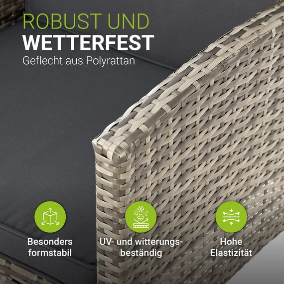 Juskys Polyrattan Gartenmöbel Sitzgruppe Turin Set 6 teilig - 7 Personen - Outdoor Möbel mit Sessel, Hocker, Tisch & Kissen - Garten Loungemöbel grau-meliert