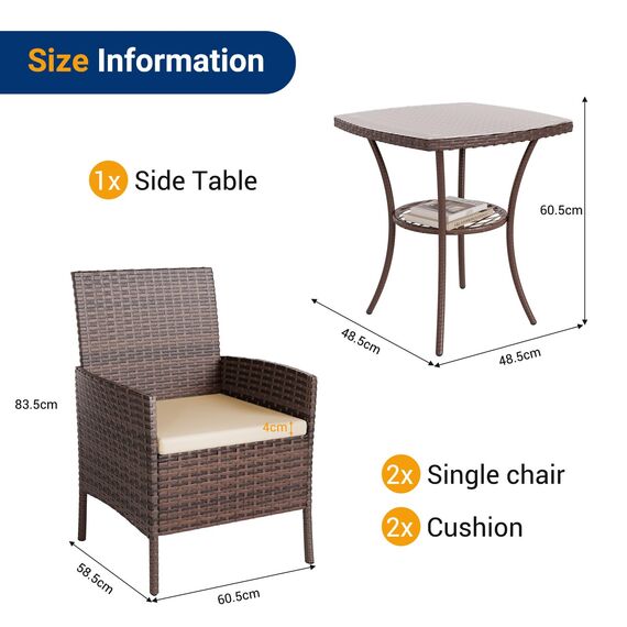 UDPATIO Gartenmöbel Set 3-Teilige Lounge Balkonmöbel Set mit Gartentisch und 2 Stühlen für Kleiner Balkon Terrasse Draußen, Polyrattan Terrassenmöbel 2 Personen (Braun, Set 3-Teilige)