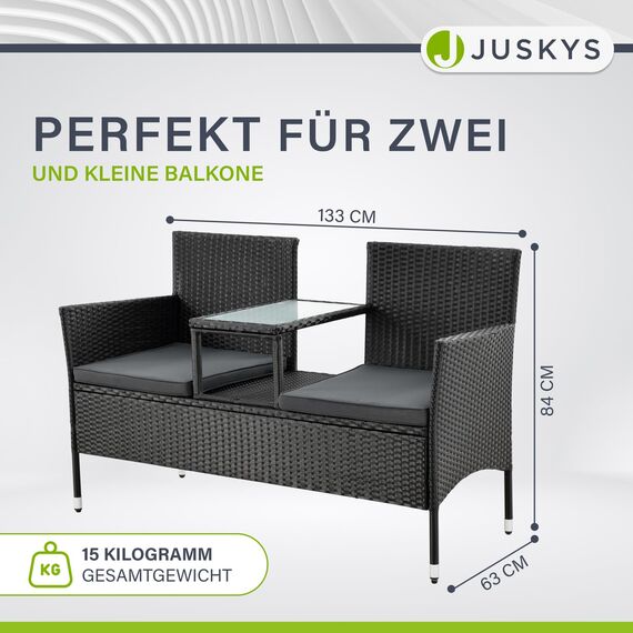 Juskys Polyrattan Gartenbank Monaco - 2-Sitzer Bank mit Tisch & Kissen - 133x63x84 cm - Rattan Sitzbank wetterfest Garten Balkon - schwarz