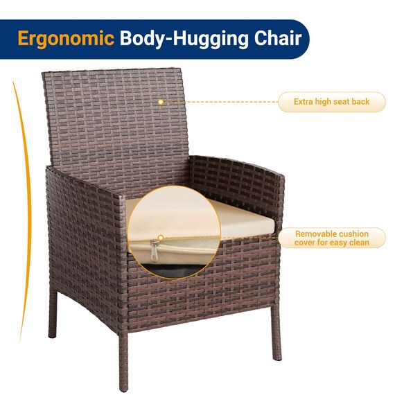 UDPATIO Gartenmöbel Set 3-Teilige Lounge Balkonmöbel Set mit Gartentisch und 2 Stühlen für Kleiner Balkon Terrasse Draußen, Polyrattan Terrassenmöbel 2 Personen (Braun, Set 3-Teilige)