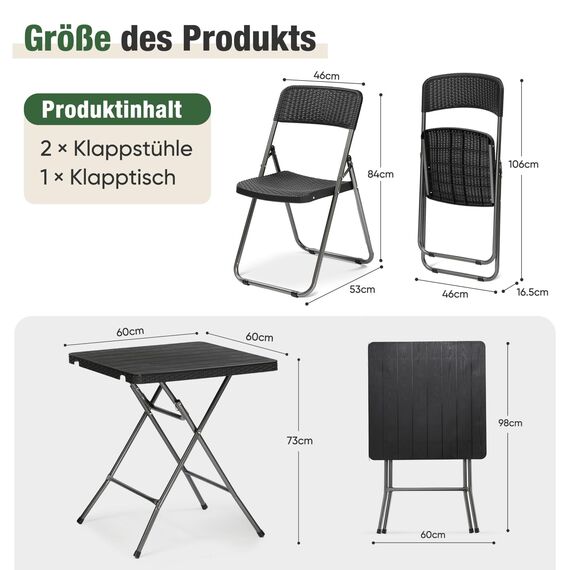 Sekey Balkonset 3 Teilig Klappbar, Balkonmöbel Set Kleiner Balkon 2 Personen, Balkon Möbel Set Rattan Wetterfest, Belastbarkeit Klappstuhl 200KG & Klapptisch 50KG