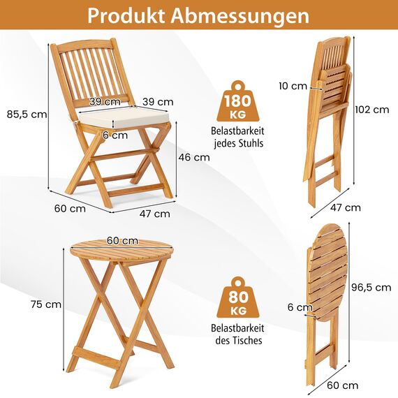 COSTWAY 3tlg. Balkonmöbel Set, Bistrotisch mit 2 Stühlen, klappbares Balkonset aus Akazienholz mit 2 Kissen, Bistroset, Gartengarnitur, Gartenmöbel, Sitzgarnitur, Sitzgruppe für Garten, Balkon (Beige)