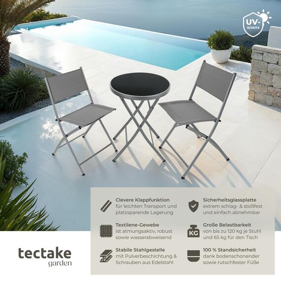 tectake® Bistroset, Tisch und 2 x Stuhl, Kleiner runder Esstisch, Klapptisch und Klappstühle Set, platzsparende Möbel Outdoor wetterfest für Balkon, Terrasse, Gartenmöbel - grau