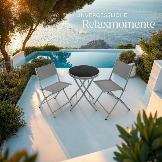 tectake® Bistroset, Tisch und 2 x Stuhl, Kleiner runder Esstisch, Klapptisch und Klappstühle Set, platzsparende Möbel Outdoor wetterfest für Balkon, Terrasse, Gartenmöbel - grau