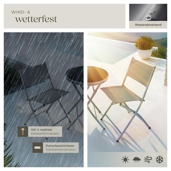 tectake® Bistroset, Tisch und 2 x Stuhl, Kleiner runder Esstisch, Klapptisch und Klappstühle Set, platzsparende Möbel Outdoor wetterfest für Balkon, Terrasse, Gartenmöbel - grau