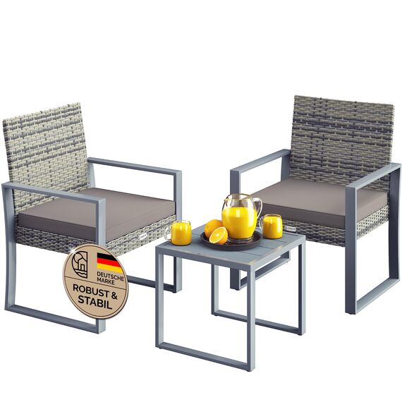 Casaria® Balkonmöbel Set WPC Tisch 160kg Belastbarkeit Polyrattan 2 Stühle Auflagen höhenverstellbare Füße Outdoor Wetterfest Garten Balkon Möbel Lounge Grau
